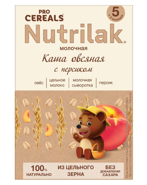 Nutrilak Premium Procereals Каша Овсяная цельнозерновая, для детей с 5 месяцев, каша детская молочная, с персиком, 200 г, 1 шт.